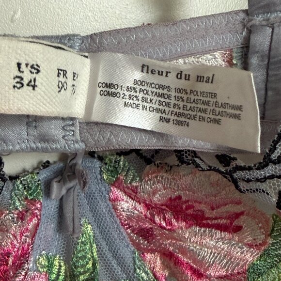 Fleur du Mal Embroidered Rose Mesh Balconette Bra  34D - Picture 4 of 5